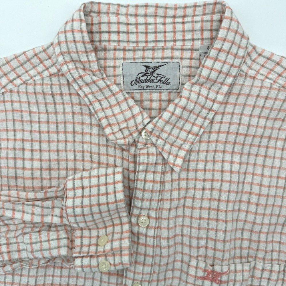 Madda Fella Button Down Mens L Orange White‎ Check Linen Long Sleeve Coastal